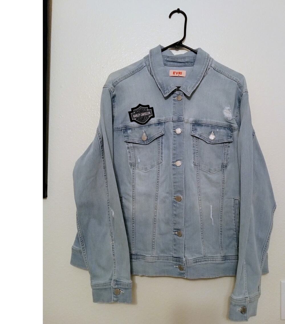EVRI Harley-Davidson Patch Women's Distressed Denim Jacket Light Wash Plus SZ 2X